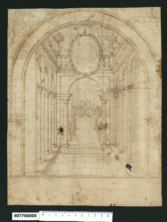 Veduta prospettica di chiesa con giardino (disegno) - ambito bolognese (ultimo quarto sec. XVI)