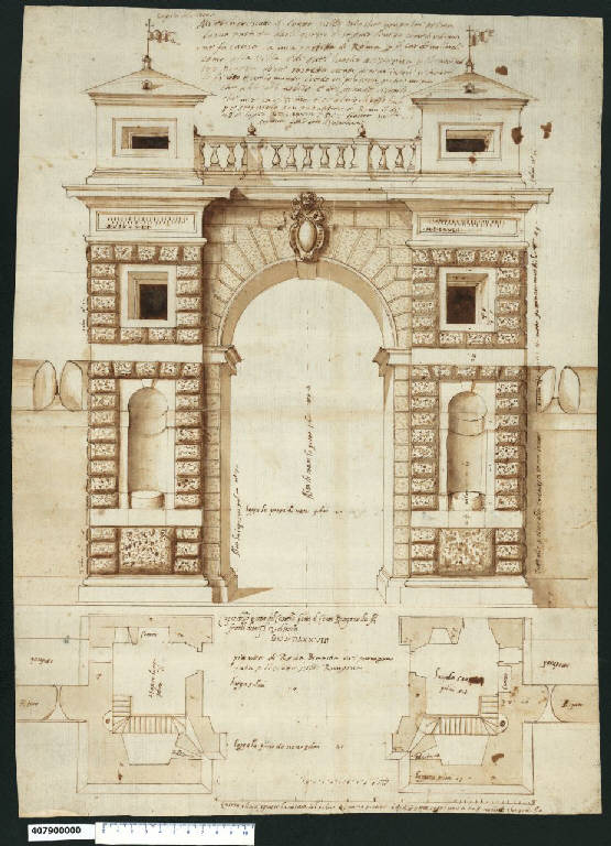 Prospetto e pianta del portale nel muro di cinta del castello di Roccabianca (disegno) di Capriani, Francesco (sec. XVI)