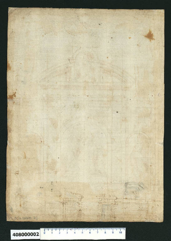 Prospetto per un portone di palazzo e dettaglio di capitello (disegno) - ambito italiano (seconda metà sec. XVII)