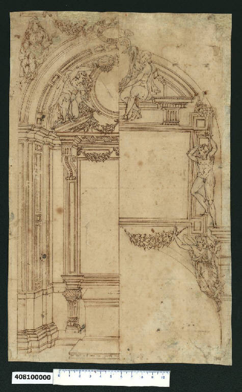 Veduta prospettica di una cappella in S. Giacomo degli Spagnoli a Roma (?) e prospetto di altra cappella (disegno) - ambito centro-italiano (sec. XVI)