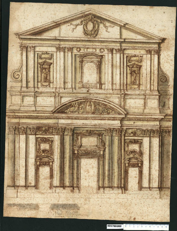 Prospetto della chiesa di S. Maria in Vallicella a Roma (disegno) di Della Porta, Giacomo (cerchia) (sec. XVI)