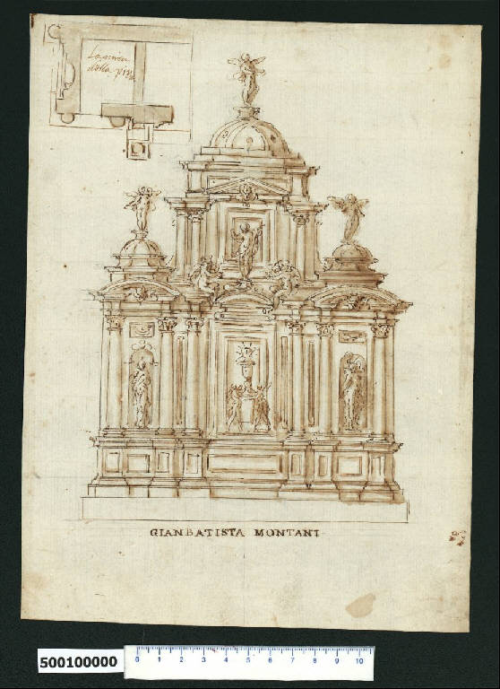 Prospetto e pianta parziale di tabernacolo (disegno) di Montano, Giovanni Battista (secc. XVI/ XVII)