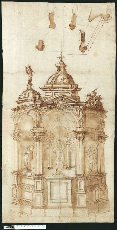 Veduta prospettica e pianta di altare (disegno) di Montano, Giovanni Battista (attribuito) (secc. XVI/ XVII)