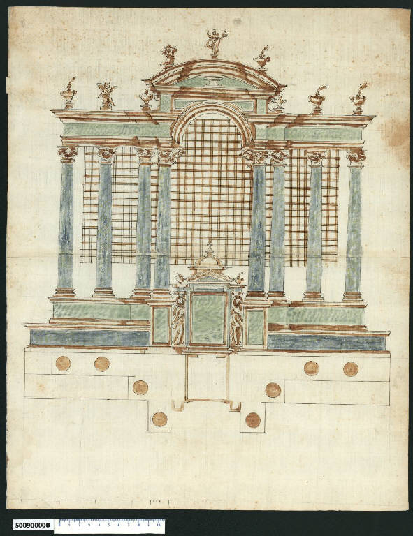 Prospetto e pianta di altare (disegno) di Montano, Giovanni Battista (attribuito) (secc. XVI/ XVII)