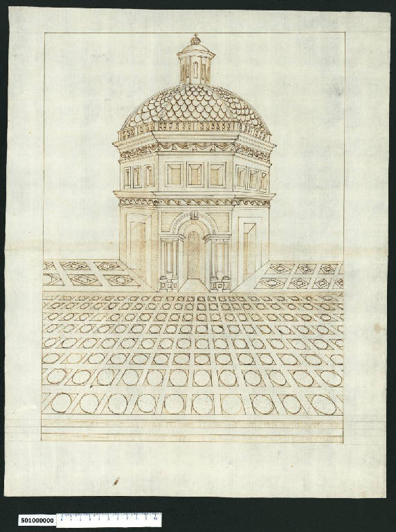 Veduta prospettica di chiesa con piazza (disegno) - ambito italiano centro-settentrionale (seconda metà sec. XVI)