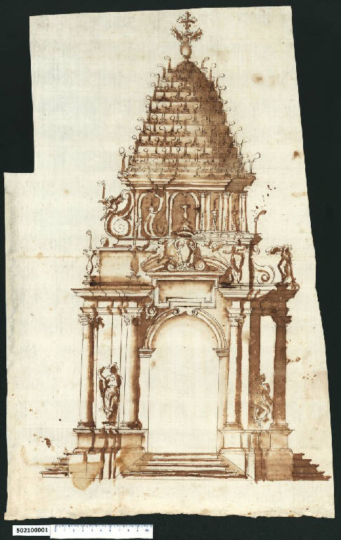 Prospetto di catafalco (disegno) di Montano, Giovanni Battista ((?)) (secc. XVI/ XVII)
