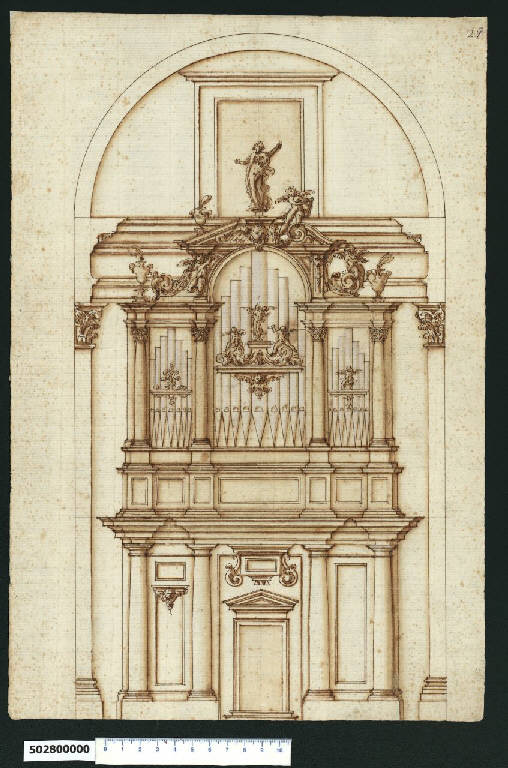 Prospetto di cantoria d'organo in arcata di chiesa (disegno) di Montano, Giovanni Battista (secc. XVI/ XVII)