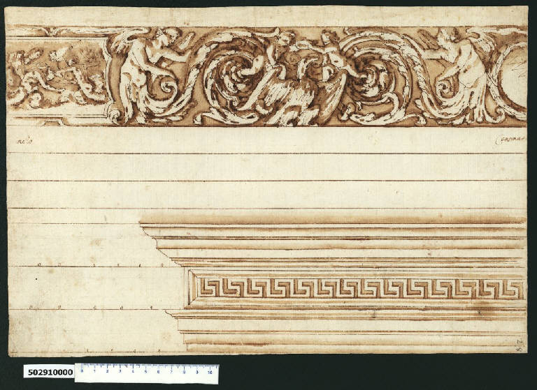 Fregio a grottesca e trabeazione di porta (disegno) di Montano, Giovanni Battista (attribuito) (sec. XVII)