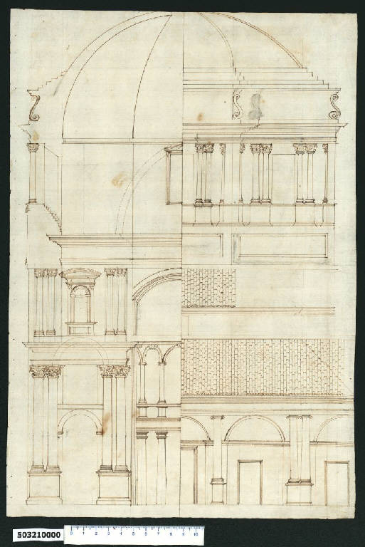 Sezione e prospetto della basilica di S. Lorenzo Maggiore a Milano (disegno) - ambito romano (secc. XVI/ XVII)