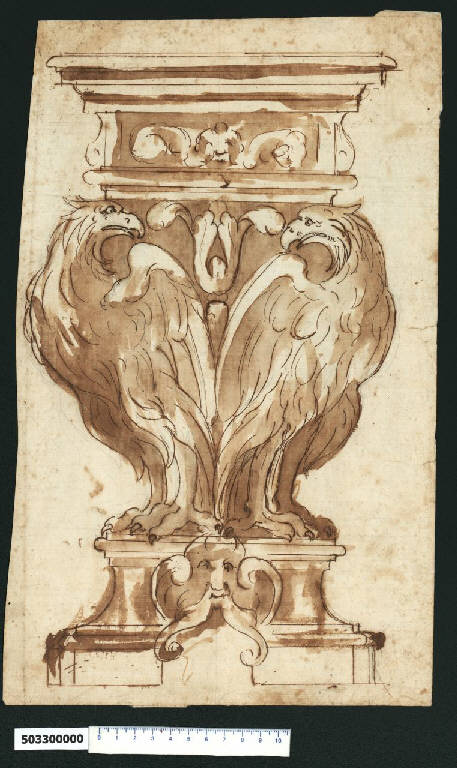 Prospetto di piedistallo figurato per la famiglia Borghese (?) (disegno) di Montano, Giovanni Battista ((?)) (sec. XVII)