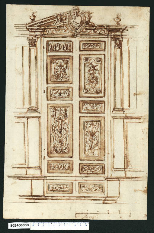 Decorazione di porta con lo stemma di Enrico IV re di Francia e di Navarra (disegno) di Montano, Giovanni Battista (attribuito) (sec. XVII)