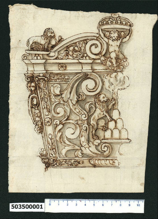 Decorazione per fondale di carrozza (disegno) - ambito romano (secc. XVI/ XVII)