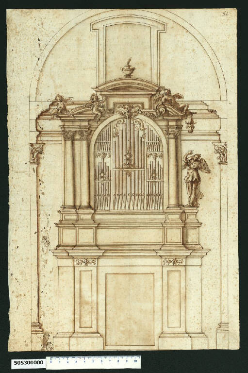 Prospetto di cantoria d'organo in arcata di chiesa (disegno) di Montano, Giovanni Battista (secc. XVI/ XVII)