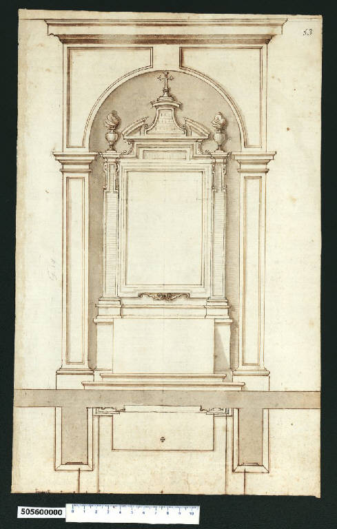 Prospetto e pianta di portale per S. Pietro in Vaticano (?) (disegno) - ambito romano (secc. XVI/ XVII)