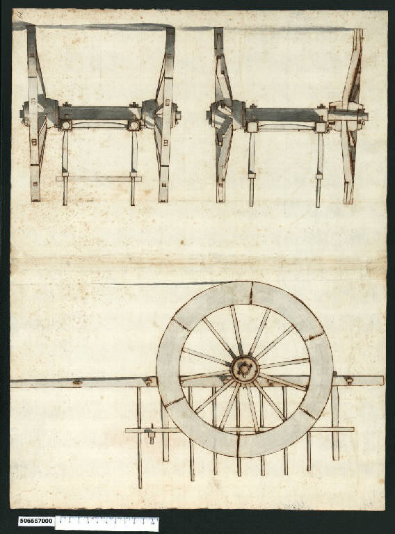 Prospetti e sezione di carretto da trasporto (disegno) - ambito romano (sec. XVII)