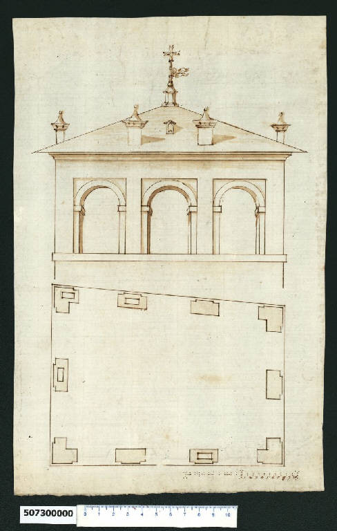 Pianta e prospetto di loggia (disegno) - ambito romano (metà sec. XVII)