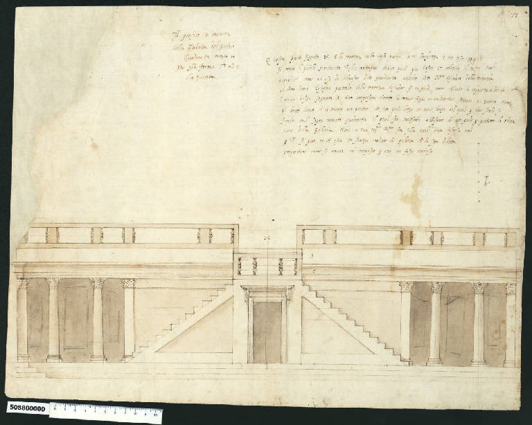 Prospetto di terrazzamento con scalinata e galleria (disegno) - ambito romano (sec. XVII)