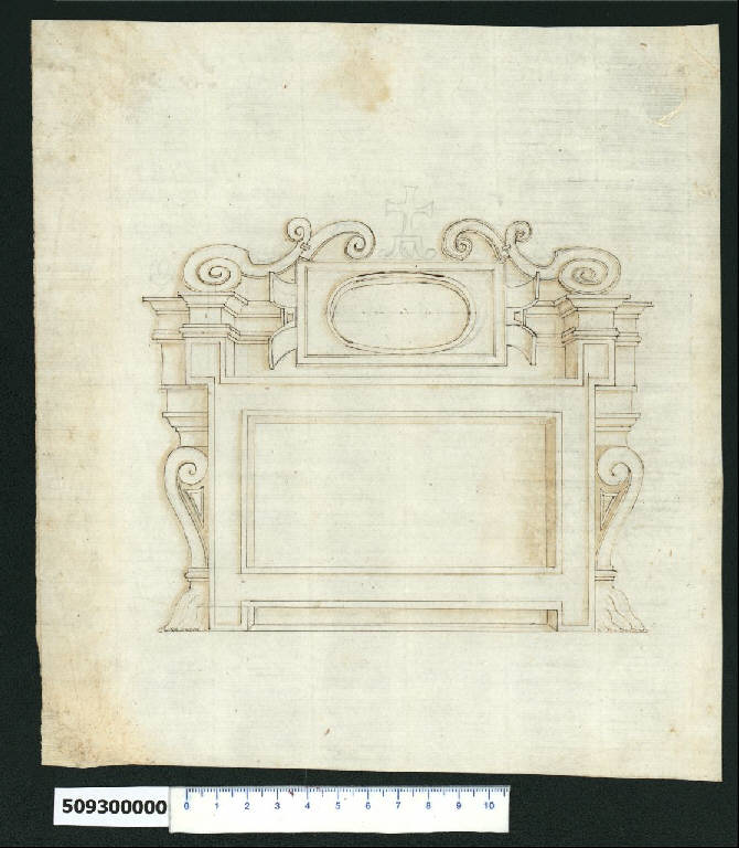 Prospetto di cornice per ornato e per iscrizione (disegno) - ambito romano (sec. XVI)