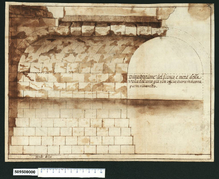 Spaccato di un arco del ponte di Rimini (disegno) di Martinelli, Agostino (sec. XVII)