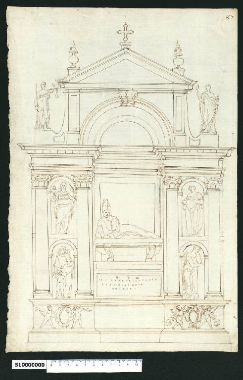 Prospetto di monumento funebre per un vescovo (disegno) - ambito romano (sec. XVI)
