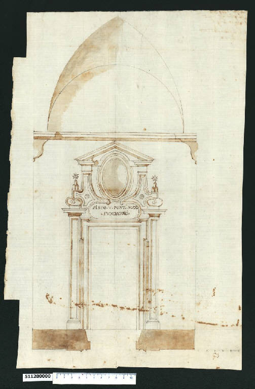 Prospetto e pianta di porta con emblema della famiglia Chigi (disegno) - ambito romano (fine/inizio secc. XVI/ XVII)