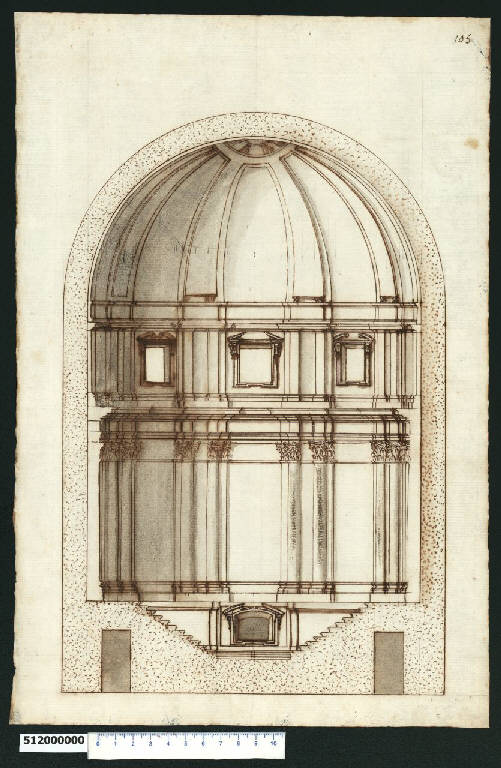Sezione prospettica di mausoleo (?) (disegno) - ambito italiano centro-settentrionale (secc. XVI/ XVII)