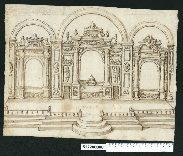 Veduta prospettica di presbiterio (disegno) di Montano, Giovanni Battista (bottega) (secc. XVI/ XVII)
