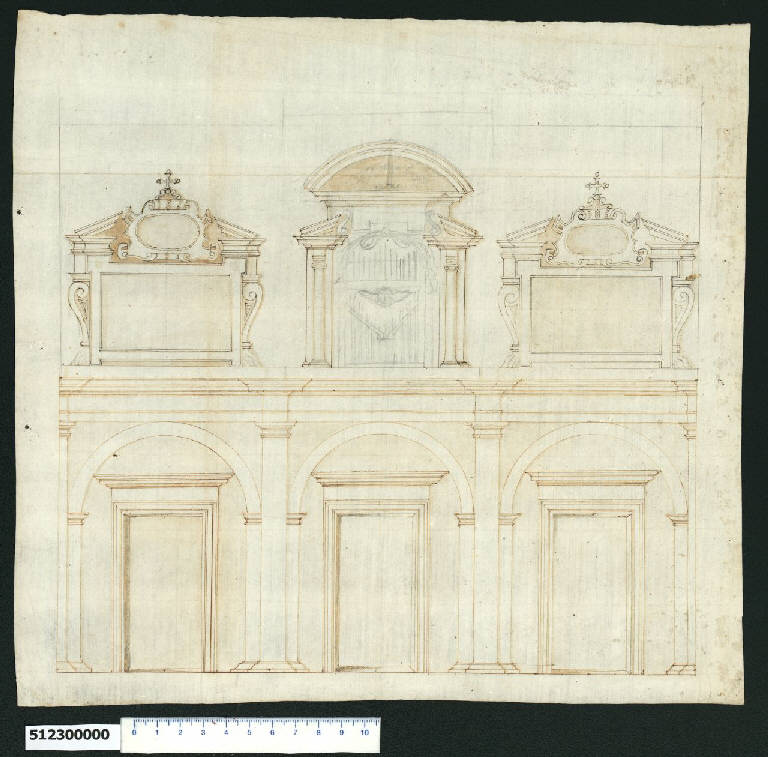 Prospetto di oratorio con organo (disegno) - ambito romano (secc. XVI/ XVII)