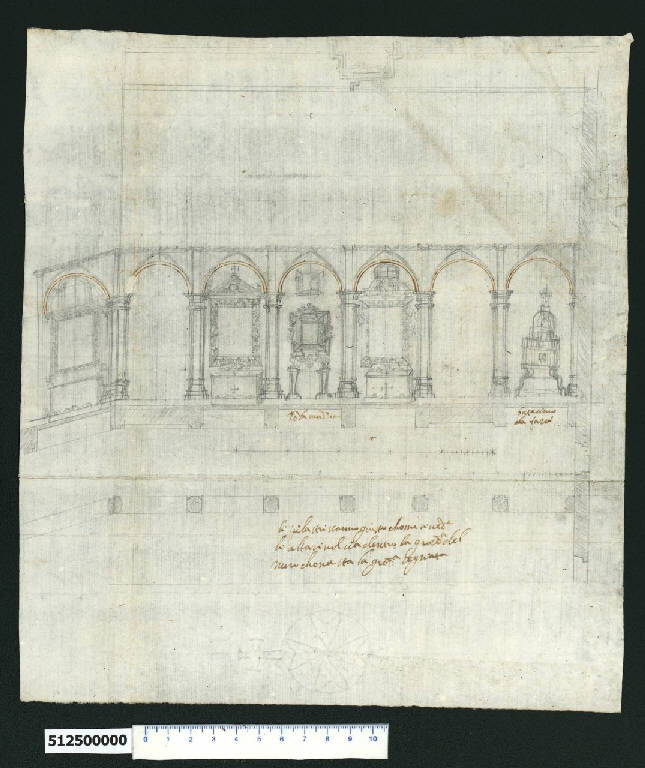 Prospetto di navata con altari e arredi sacri (disegno) - ambito romano (secc. XVI/ XVII)