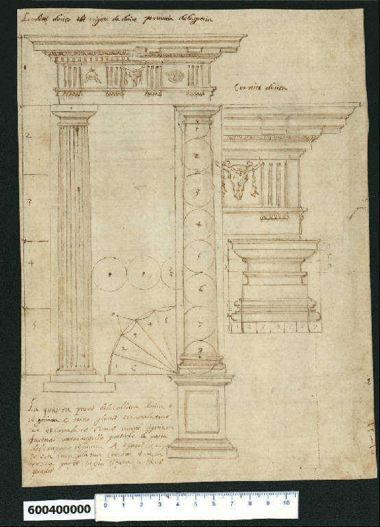 Prospetto e dettagli dell'ordine dorico (disegno) di Montano, Giovanni Battista (e aiuti) (secc. XVI/ XVII)