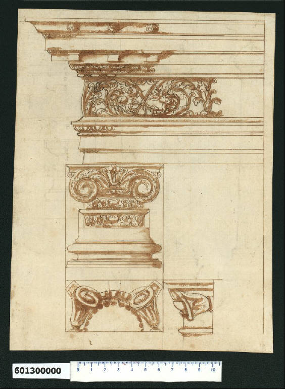 Base, capitello e trabeazione dell'ordine ionico (disegno) di Montano, Giovanni Battista (e aiuti) (secc. XVI/ XVII)