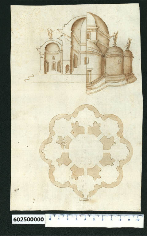 Pianta, sezione e veduta prospettica parziali di tempio antico (disegno) di Montano, Giovanni Battista (e aiuti) (secc. XVI/ XVII)