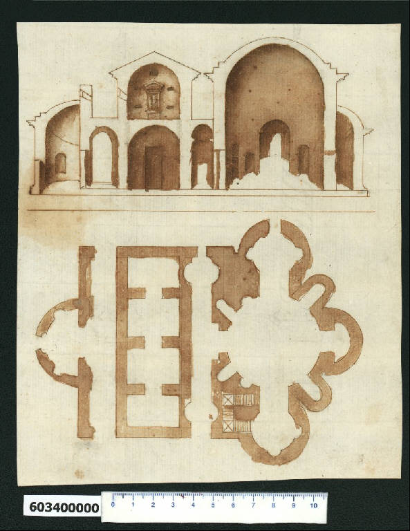 Pianta e sezione prospettica dell'Osteria di Centocelle (disegno) di Montano, Giovanni Battista (e aiuti) (secc. XVI/ XVII)