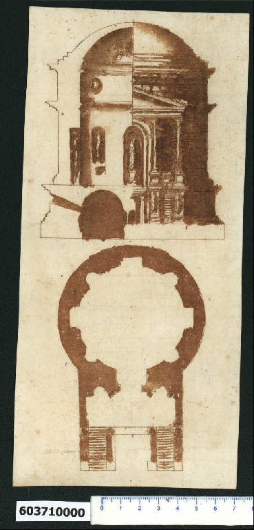 Pianta, sezione e prospetto parziali del mausoleo dei Gordiani a Roma (disegno) di Montano, Giovanni Battista (e aiuti) (secc. XVI/ XVII)
