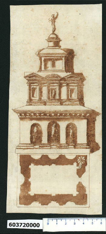 Pianta e veduta prospettica di tempio antico (disegno) di Montano, Giovanni Battista (e aiuti) (secc. XVI/ XVII)