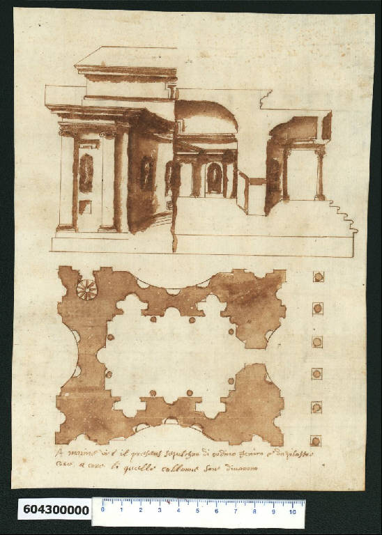 Pianta e sezioni prospettiche di tomba non identificata a Marino (disegno) di Montano, Giovanni Battista (e aiuti) (secc. XVI/ XVII)