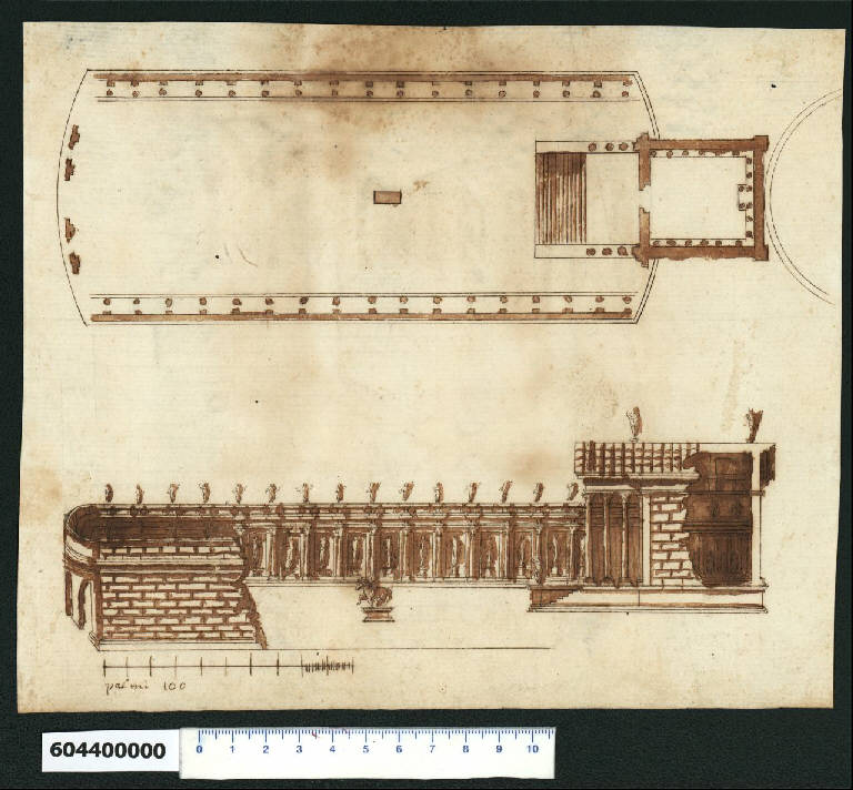Pianta e sezione del Foro di Nerva (o Transitorio) a Roma (disegno) di Montano, Giovanni Battista (e aiuti) (secc. XVI/ XVII)