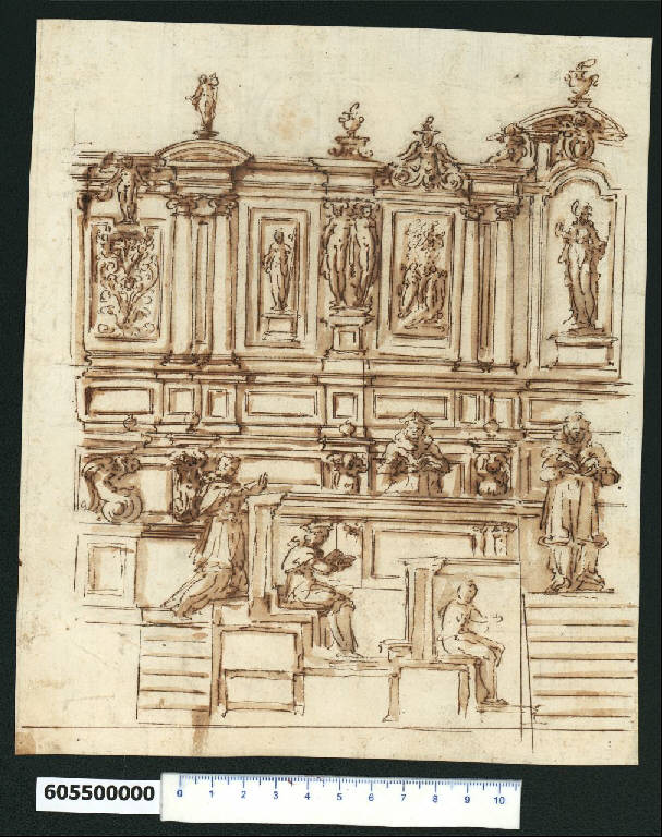 Prospetto e sezione di stallo per coro (disegno) di Montano, Giovanni Battista (secc. XVI/ XVII)