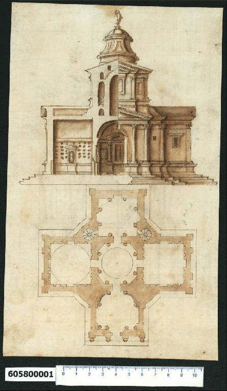 Pianta, sezione e prospetto parziali di tempio a croce greca con colombario (disegno) di Montano, Giovanni Battista (secc. XVI/ XVII)