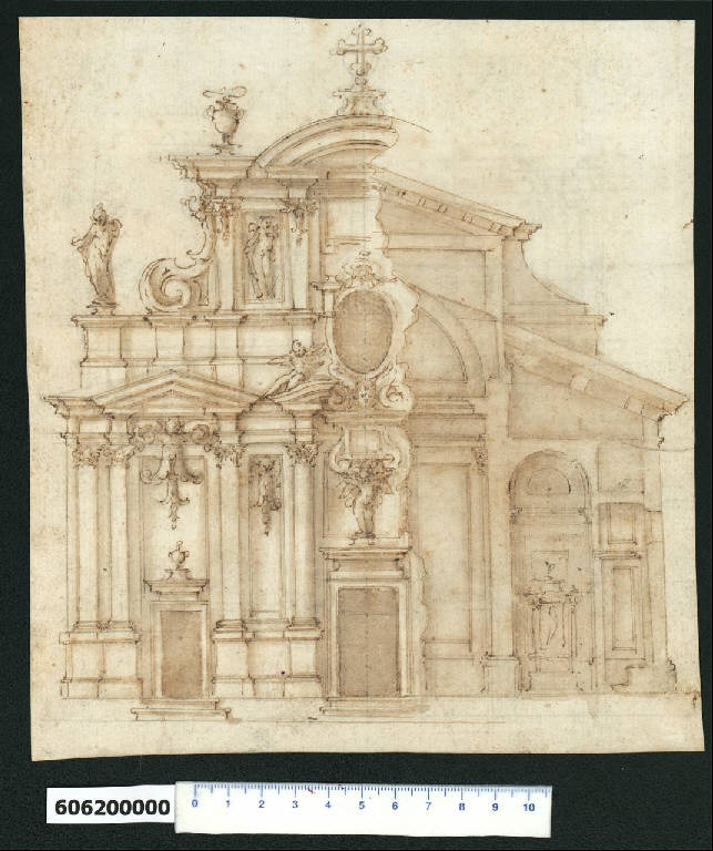 Prospetto e sezione parziali di chiesa (disegno) di Montano, Giovanni Battista (secc. XVI/ XVII)