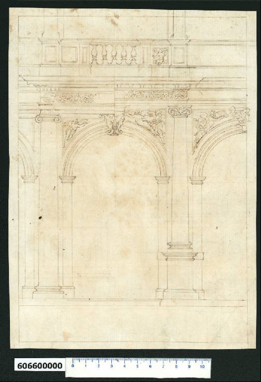 Prospetto di portico ad archi con colonne ioniche e balaustra (disegno) di Montano, Giovanni Battista (secc. XVI/ XVII)