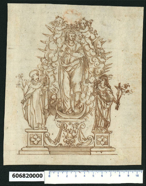 Ornato con Madonna, santi e angeli (disegno) di Montano, Giovanni Battista (bottega) (secc. XVI/ XVII)