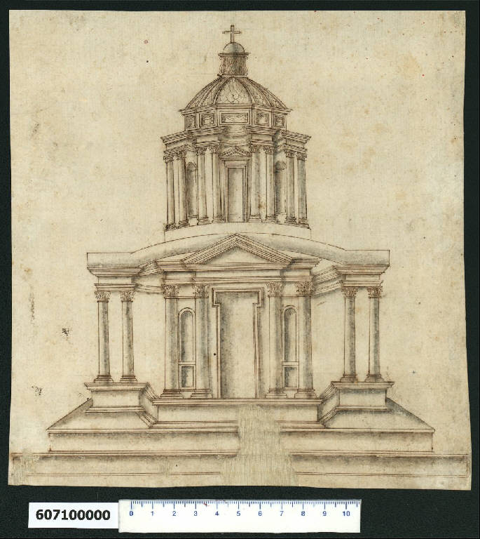 Veduta prospettica di tempietto o tabernacolo (?) (disegno) di Montano, Giovanni Battista (scuola) (secc. XVI/ XVII)