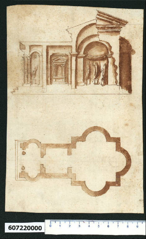 Pianta e sezione prospettica di tempio sulla via Appia (disegno) di Montano, Giovanni Battista (secc. XVI/ XVII)