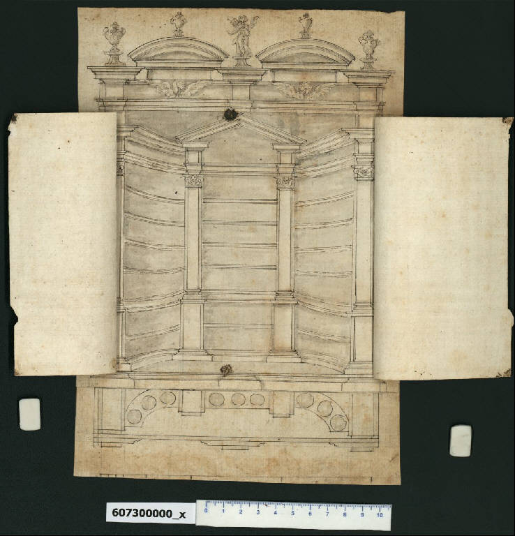 Pianta e prospetto di armadio per reliquie (disegno) di Montano, Giovanni Battista (attribuito) (secc. XVI/ XVII)