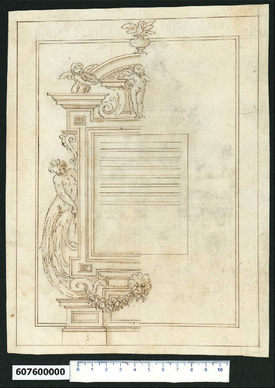 Prospetto parziale di cornice decorativa per iscrizione (disegno) di Montano, Giovanni Battista (bottega) (secc. XVI/ XVII)