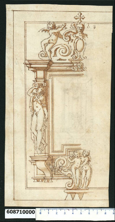 Prospetto parziale di cornice decorativa per immagine (disegno) di Montano, Giovanni Battista (bottega) (secc. XVI/ XVII)