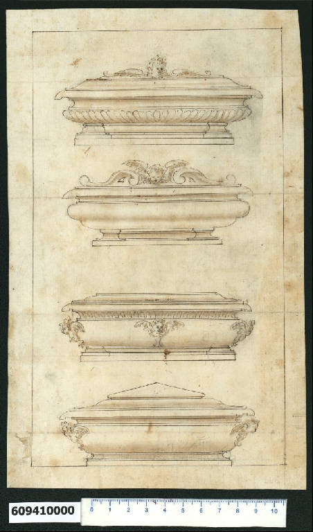 Prospetti di casse funebri (disegno) di Montano, Giovanni Battista (bottega) (secc. XVI/ XVII)