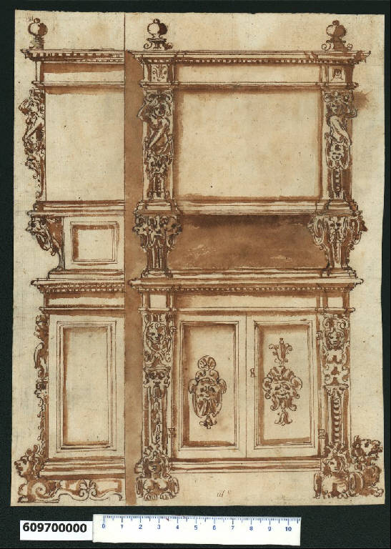 Prospetti laterale e frontale di credenza (disegno) di Montano, Giovanni Battista (bottega) (secc. XVI/ XVII)
