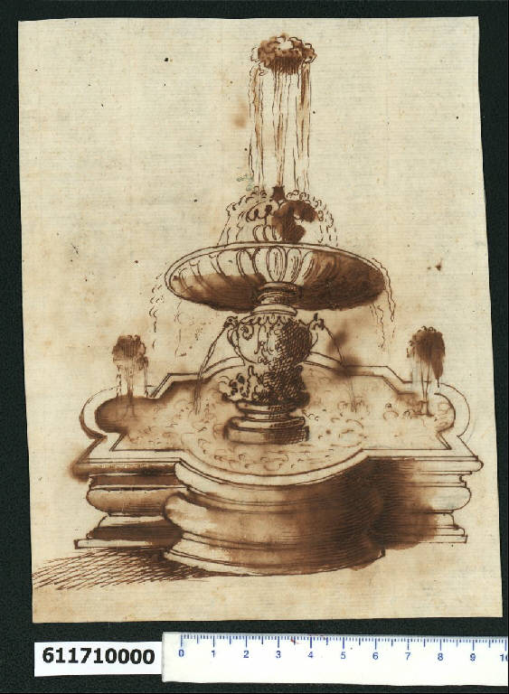 Veduta prospettica della fontana già in piazza Scossacavalli a Roma (disegno) - ambito romano (sec. XVII)